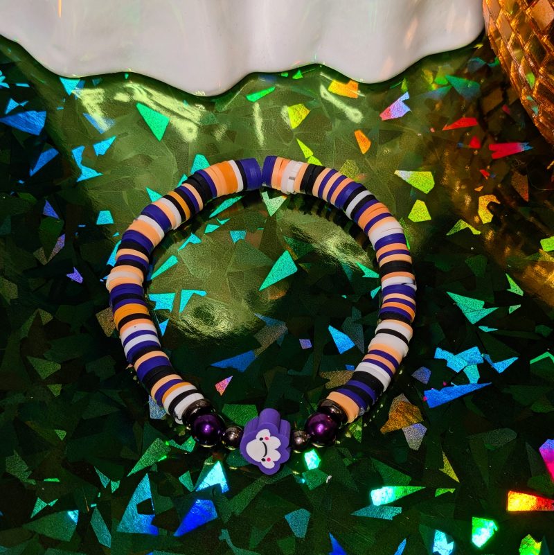 Halloween friendship bracelet that with ghost and mixed clay beads in white, black, orange and purple — view 4