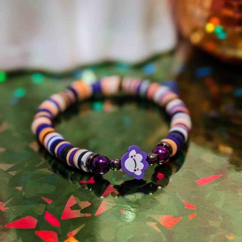 Halloween friendship bracelet that with ghost and mixed clay beads in white, black, orange and purple