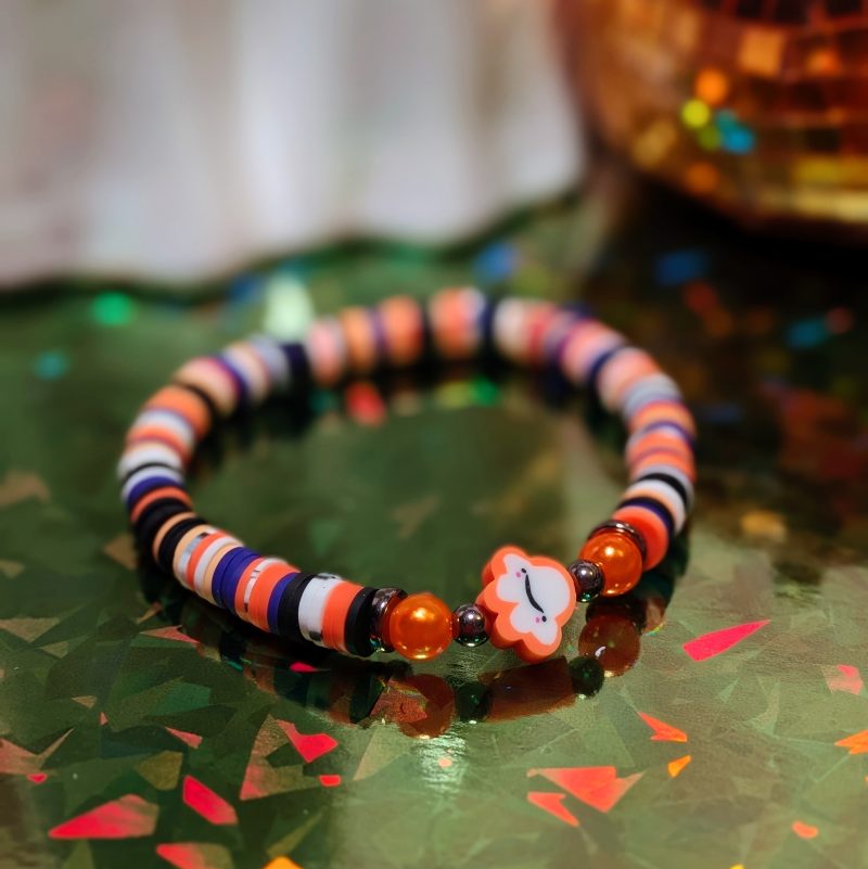 Halloween friendship bracelet that with ghost and mixed clay beads in white, black, orange and purple
