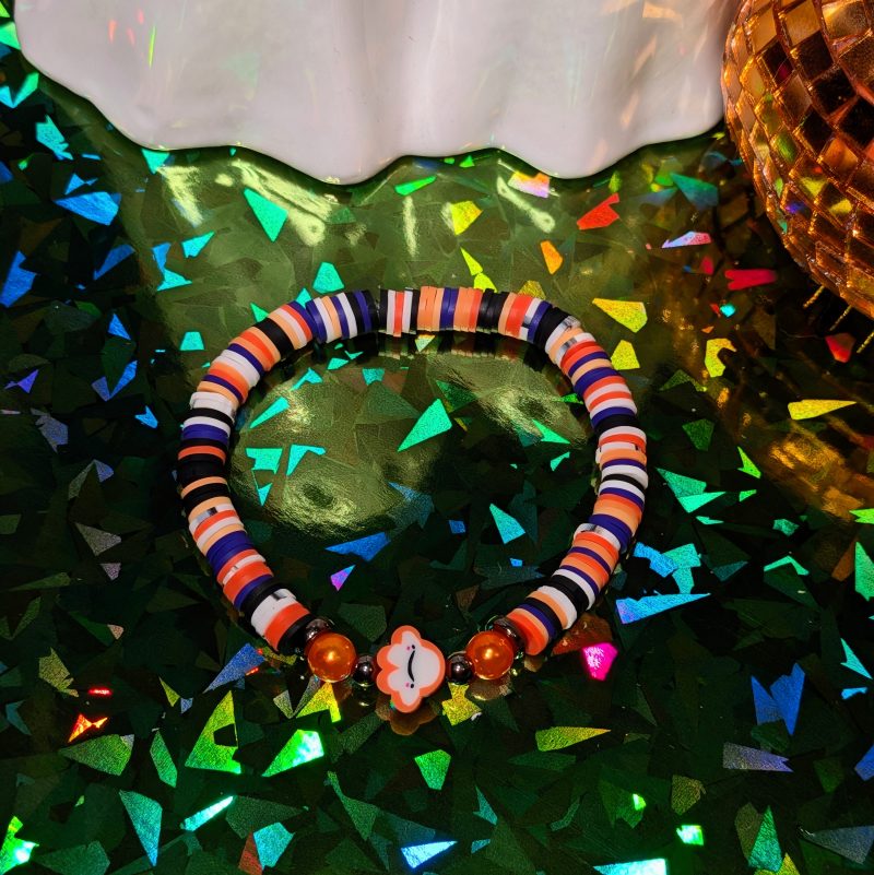 Halloween friendship bracelet that with ghost and mixed clay beads in white, black, orange and purple — view 4