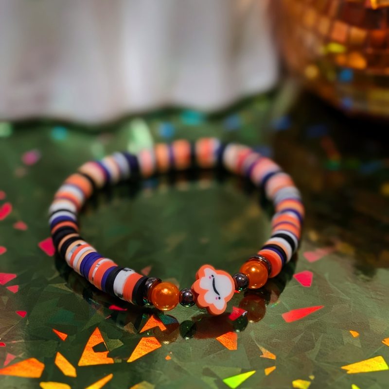 Halloween friendship bracelet that with ghost and mixed clay beads in white, black, orange and purple — view 2