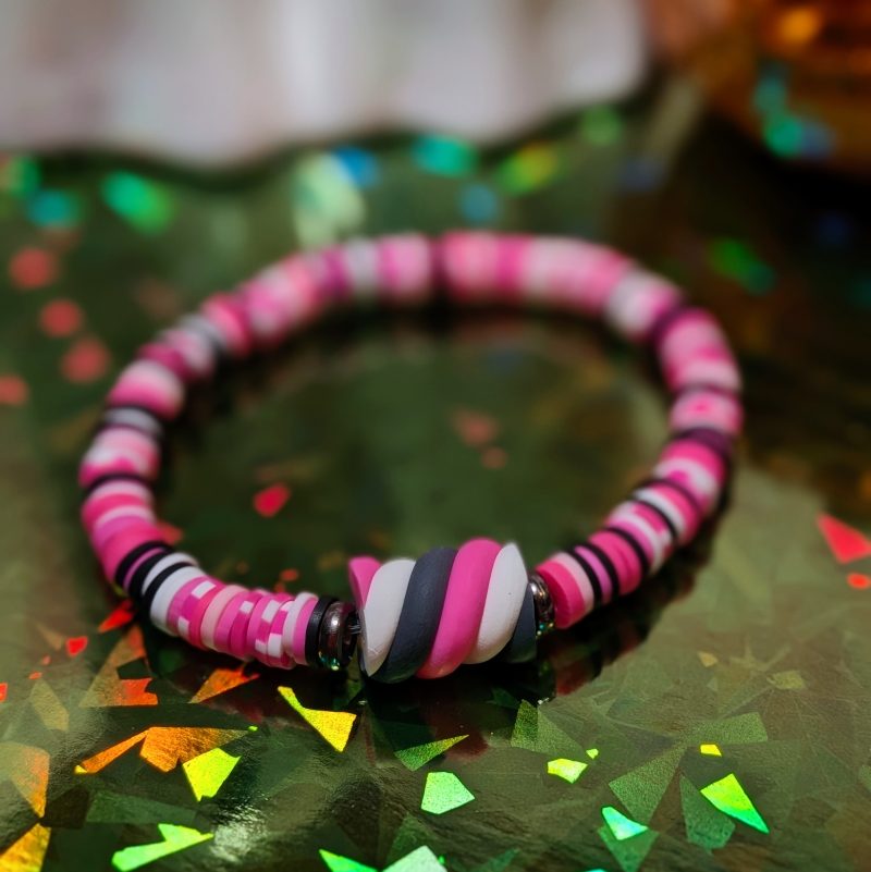 Halloween friendship bracelet that with marshmallow and mixed clay beads in white, black, and pink