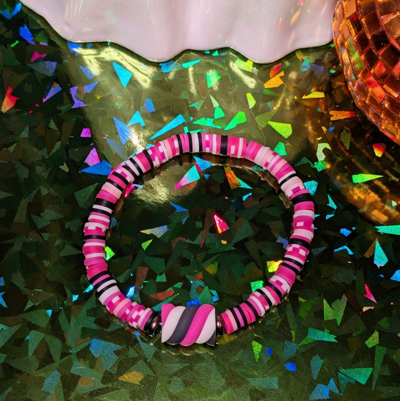 Halloween friendship bracelet that with marshmallow and mixed clay beads in white, black, and pink — view 2