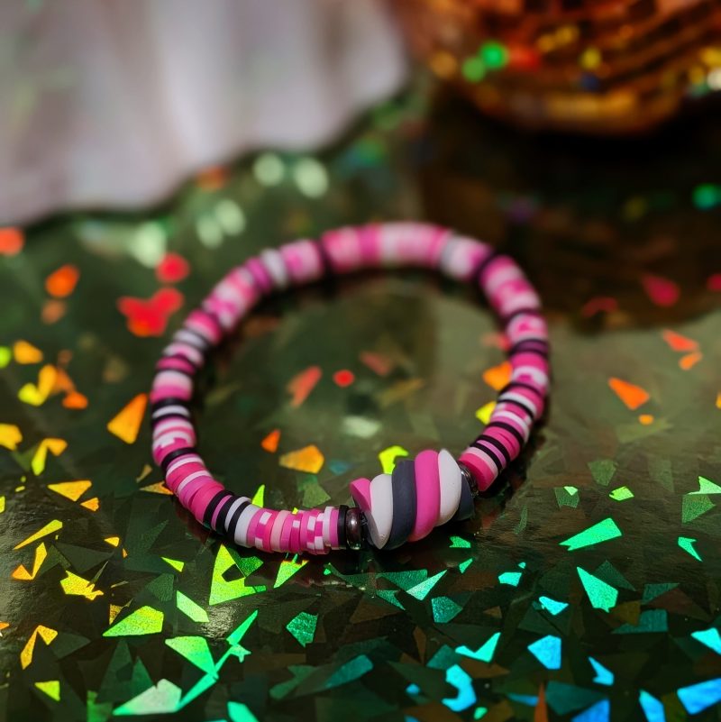 Halloween friendship bracelet that with marshmallow and mixed clay beads in white, black, and pink — view 3