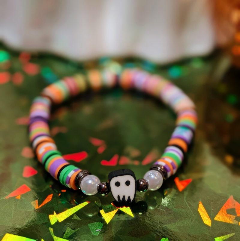 Halloween friendship bracelet that with ghost and mixed clay beads in white, black, orange, green and purple — view 3