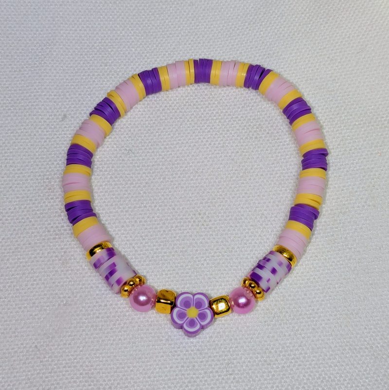 Flower Clay Bead Friendship Bracelet Purple and Yellow - Handmade Purple and Yellow friendship bracelet