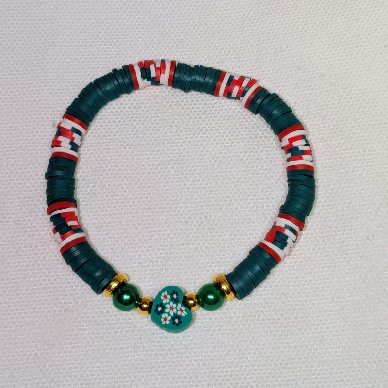Heart Clay Bead Friendship Bracelet Green - Handmade Green and Red friendship bracelet