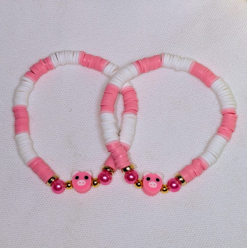 Animal Clay Bead Friendship Bracelet Pig (each) - Handmade Pink and White friendship bracelet