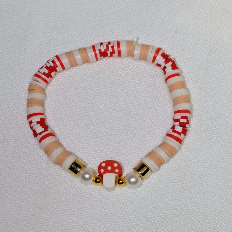 Mushroom Clay Bead Friendship Bracelet Peach - Handmade Peach and Red friendship bracelet