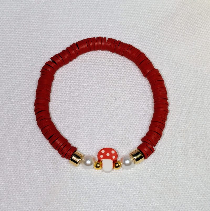 Mushroom Clay Bead Friendship Bracelet Red - Handmade Red and Maroon friendship bracelet